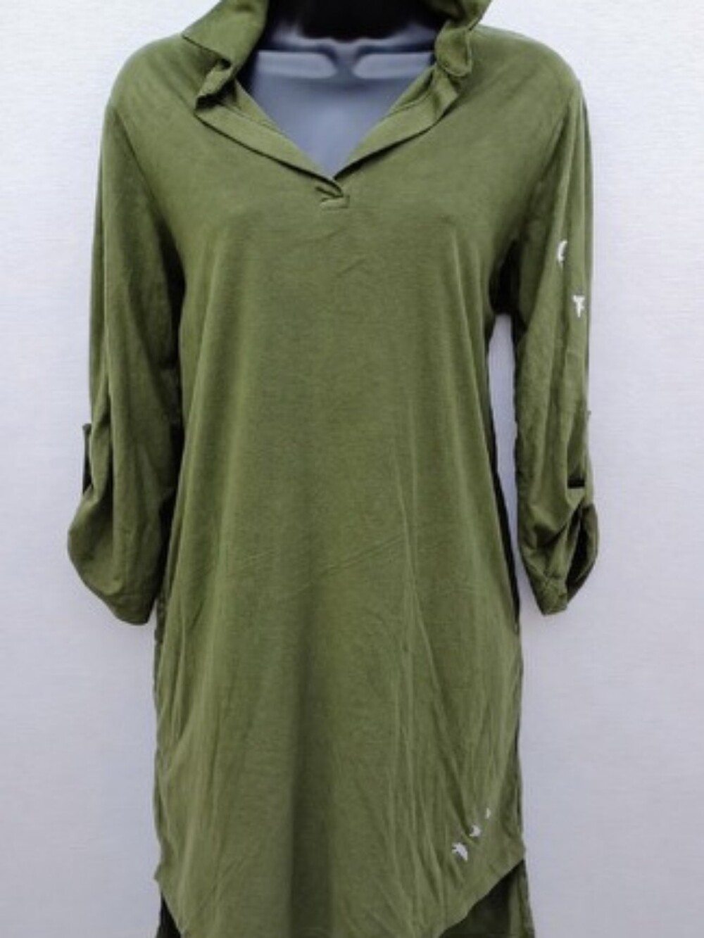 Cha Cha Vente Olive Green Faux-Suede Collared V-Neck Tunic Dress BOLD Text